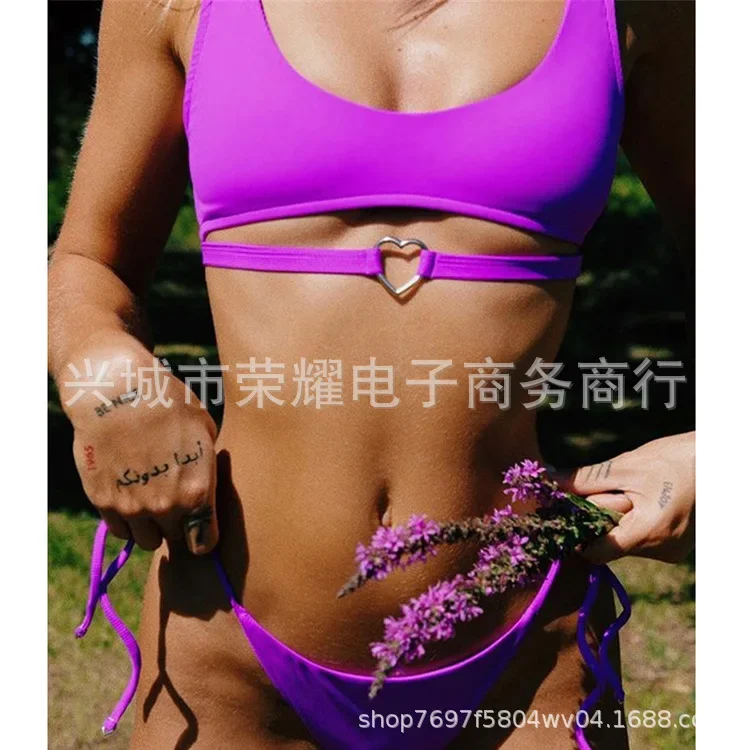 Hot Sale Of The Season Pure Color Bikini Swimwear Women's Two-Piece String Thin Strap Heart-Shaped Design Popular Split Style Sw