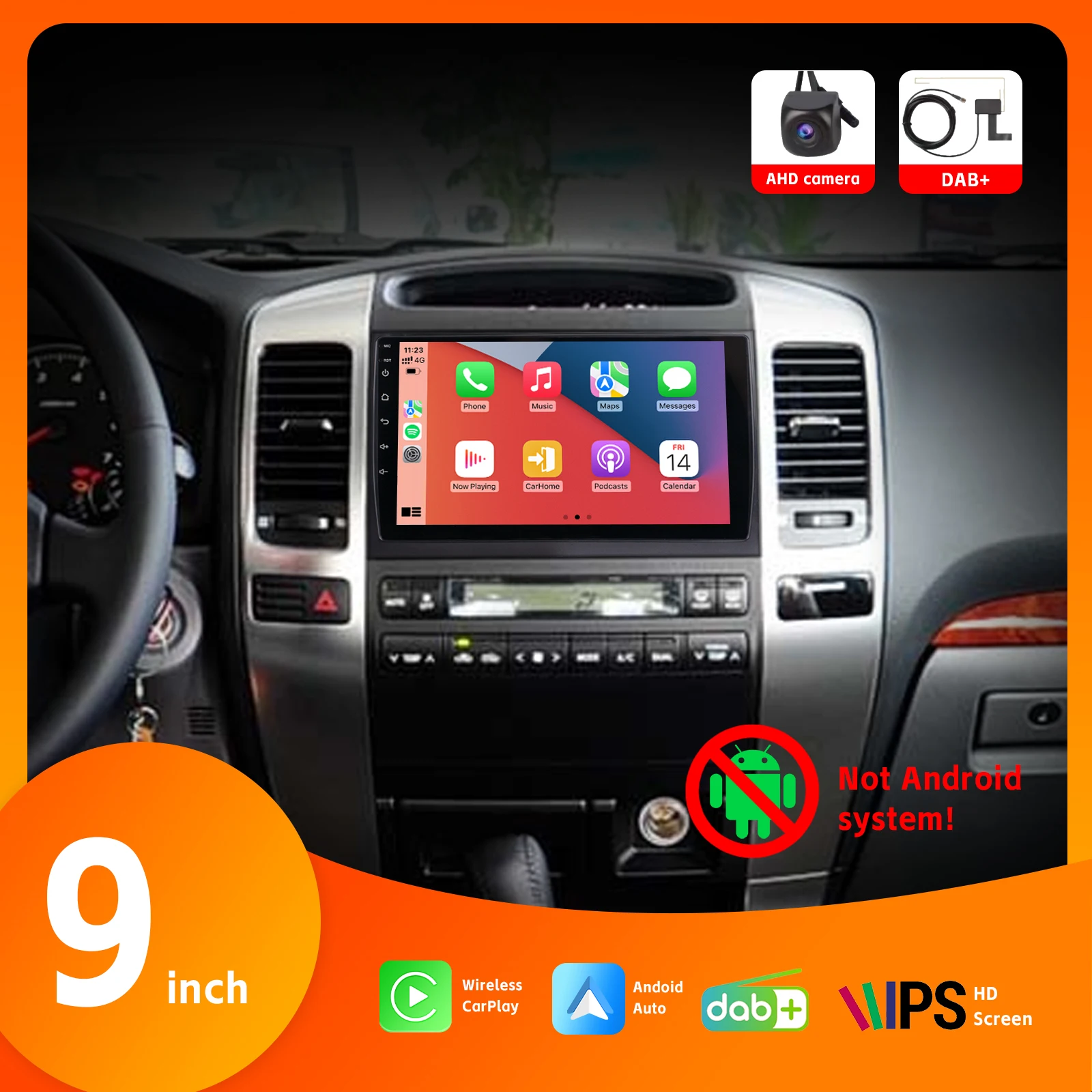 

9" Car Radio with IPS Touch Screen AHD Rear View Camera DAB+ SWC Wireless Carplay Android Auto BT For Toyota Prado 2004-2009