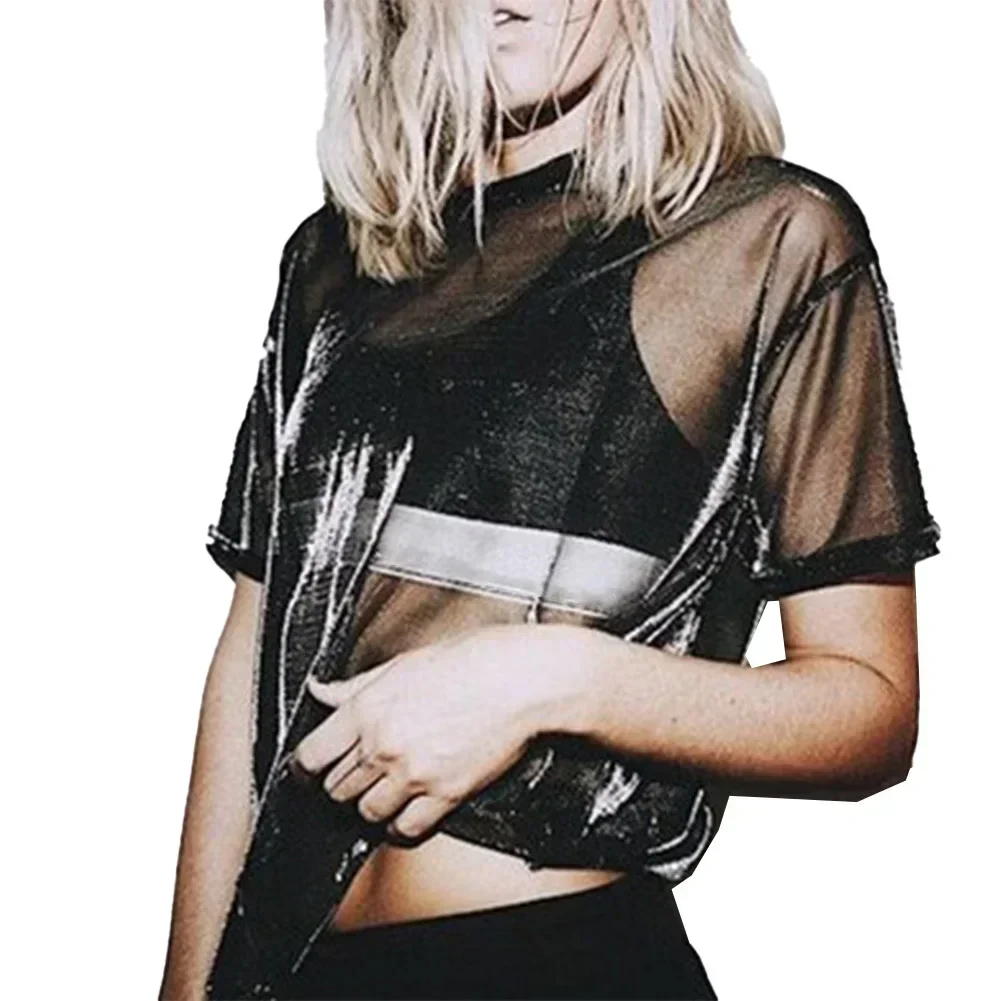 Женская прозрачная сетчатая блестящая прозрачная футболка, повседневная блузка, футболка, сексуальная эротическая клубная одежда, модная мягкая дышащая женская одежда