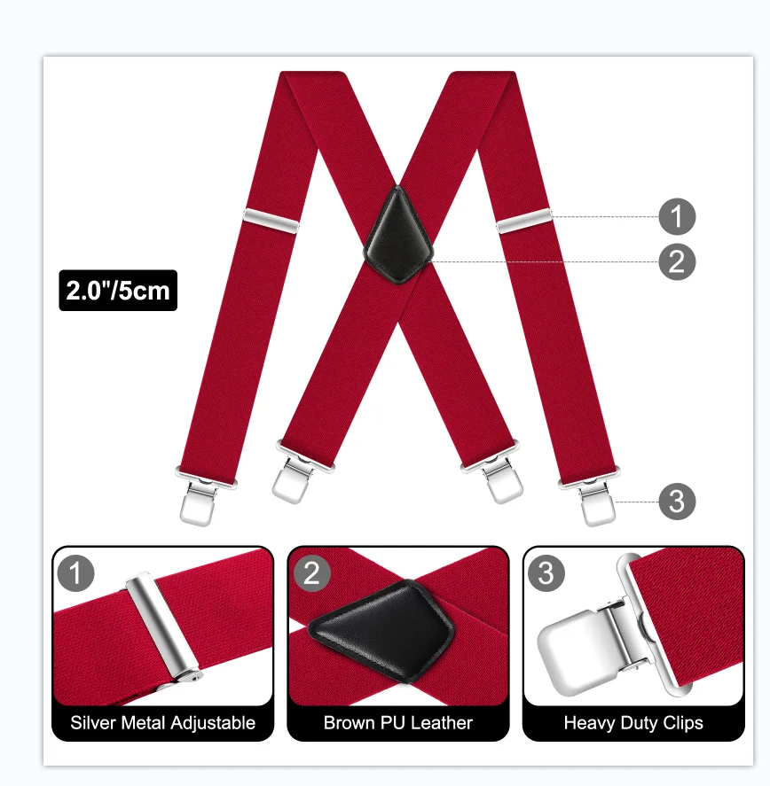 Suspensório masculino clássico resistente, 2 polegadas de largura, clipes resistentes, suspensórios de trabalho elásticos ajustáveis com costas X
