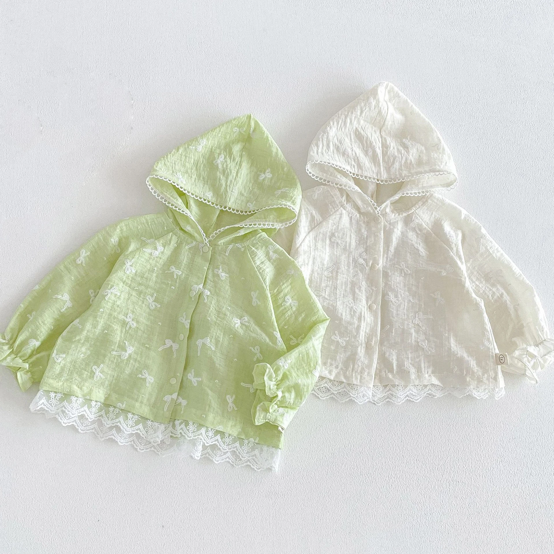 Girls' Bow Air Conditioning Shirt 2026 New Summer Baby Cute Lace Hooded Sunscreen Top Casual Children's Thin Coats