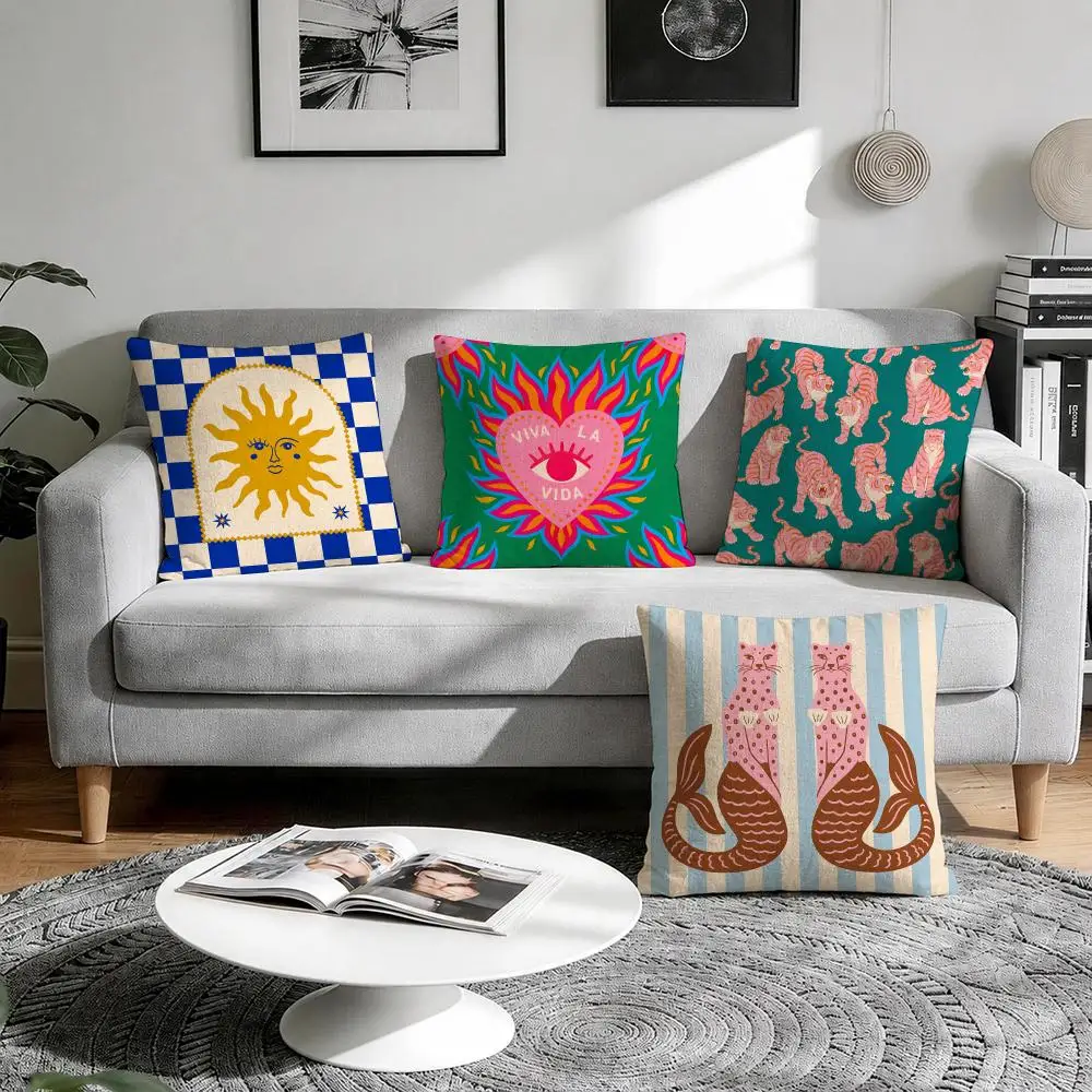 Vibrant Folk Art Cushion Cover Natural Breathable Durable Linen Printed Decor Pillow Case Sofa Bedroom