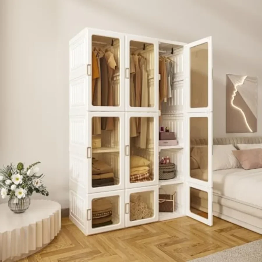 Portable Wardrobe Closet Storage Organizer for Clothes in Living Room or Bedroom: Transparent Door Panels, Durable Plastic Cons