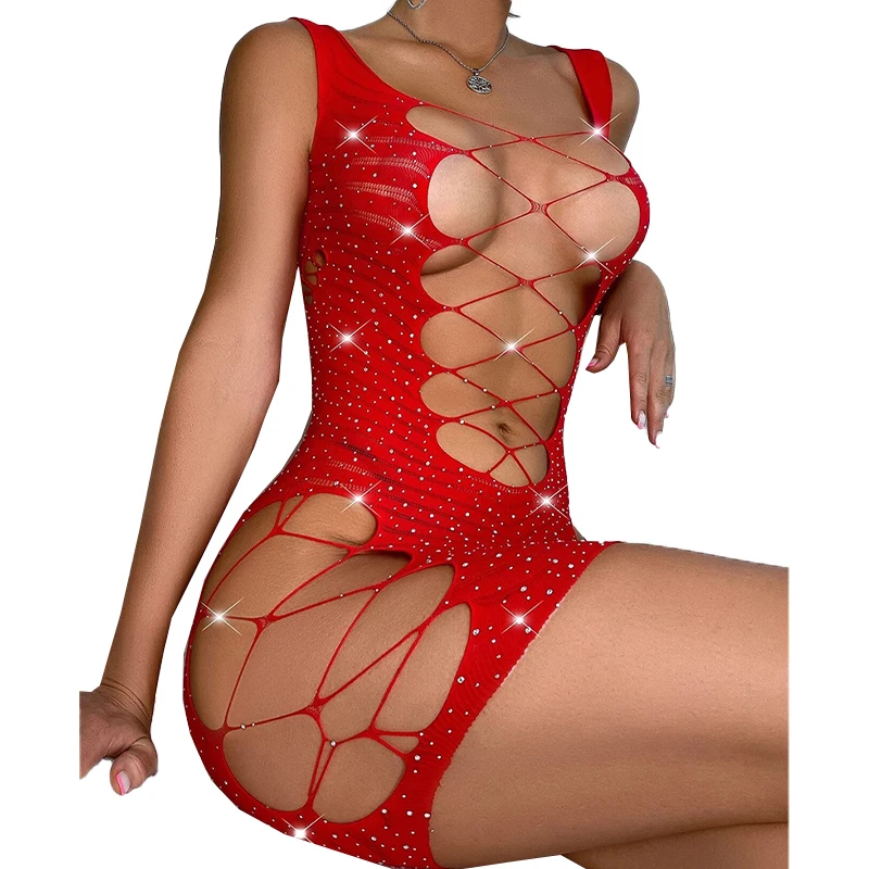 Women's Hollow Out Bodysuit Red Mesh Open Bra Sexy Fishing Net Dress See Through Sleeveless Underwear Sex Double Sided Nightgown