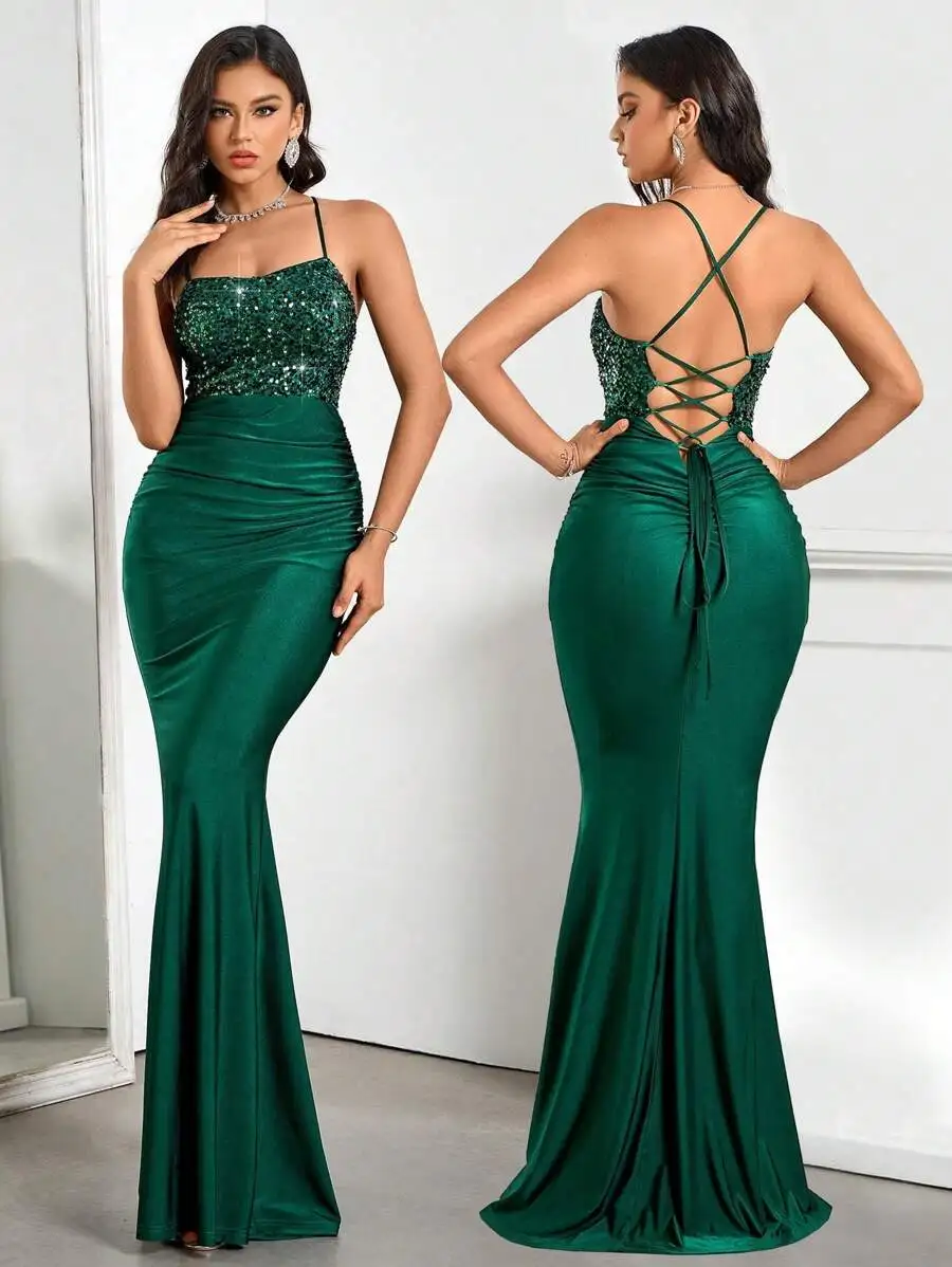 Elegant Sequined Satin Backless Evening Gown