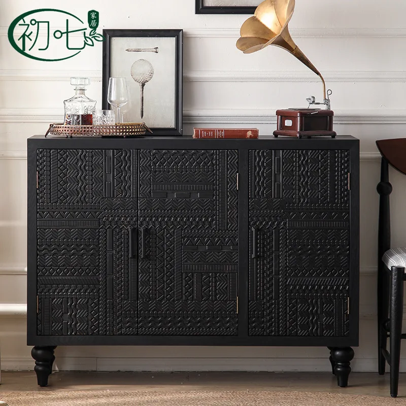 

Wabi Sand Belgian Black Engraved TV Cabinet, Simple Indonesian Retro Locker, Antique Furniture Porch Cabinet