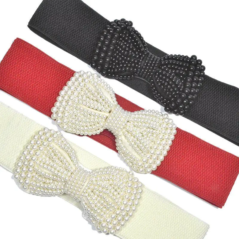 2025 Women's Elastic Wide Belt Pearl Waist Cover Versatile Dress Decoration High Quality Wide Pearl Bow Brown Belt