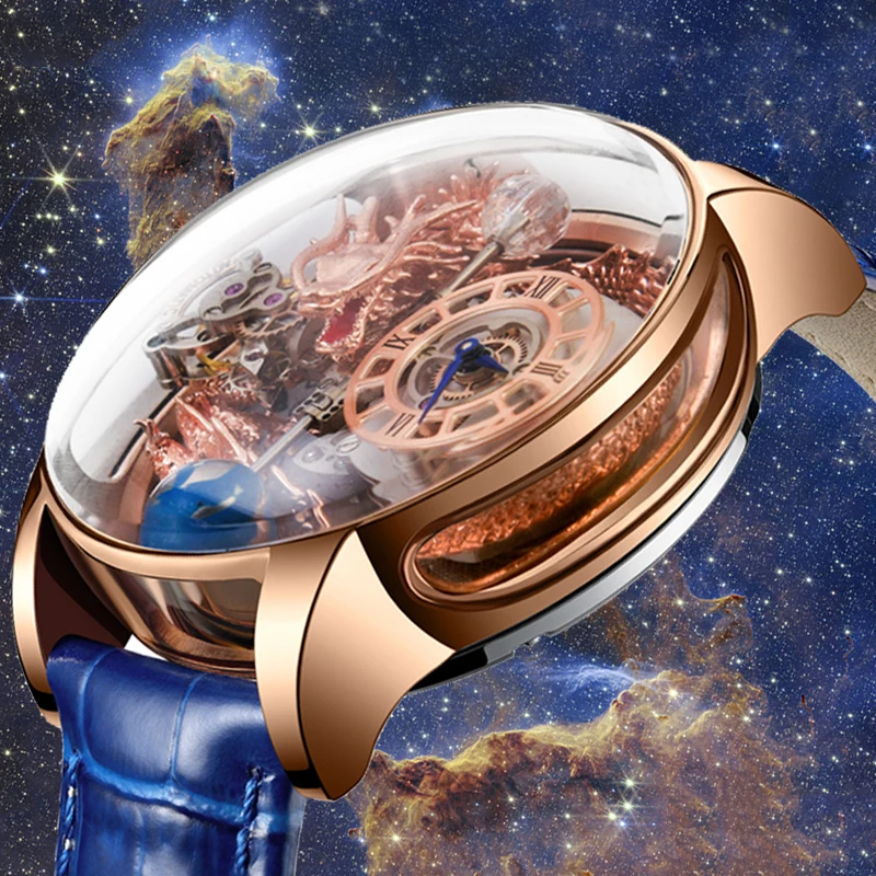 Relogio PINDU Watches Celestial Watch Men Ransparent Back Cover Design Rose Gold Quartz Leather Watch  Art Hand Engraved Dragon