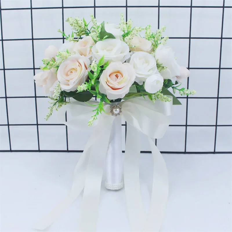 

Pink Silk Ribbon Roses Wedding Bouquet - Artificial Flowers for Bride & Bridesmaid, Faux Flower Mariage Bouquet, Fake Flowers Br