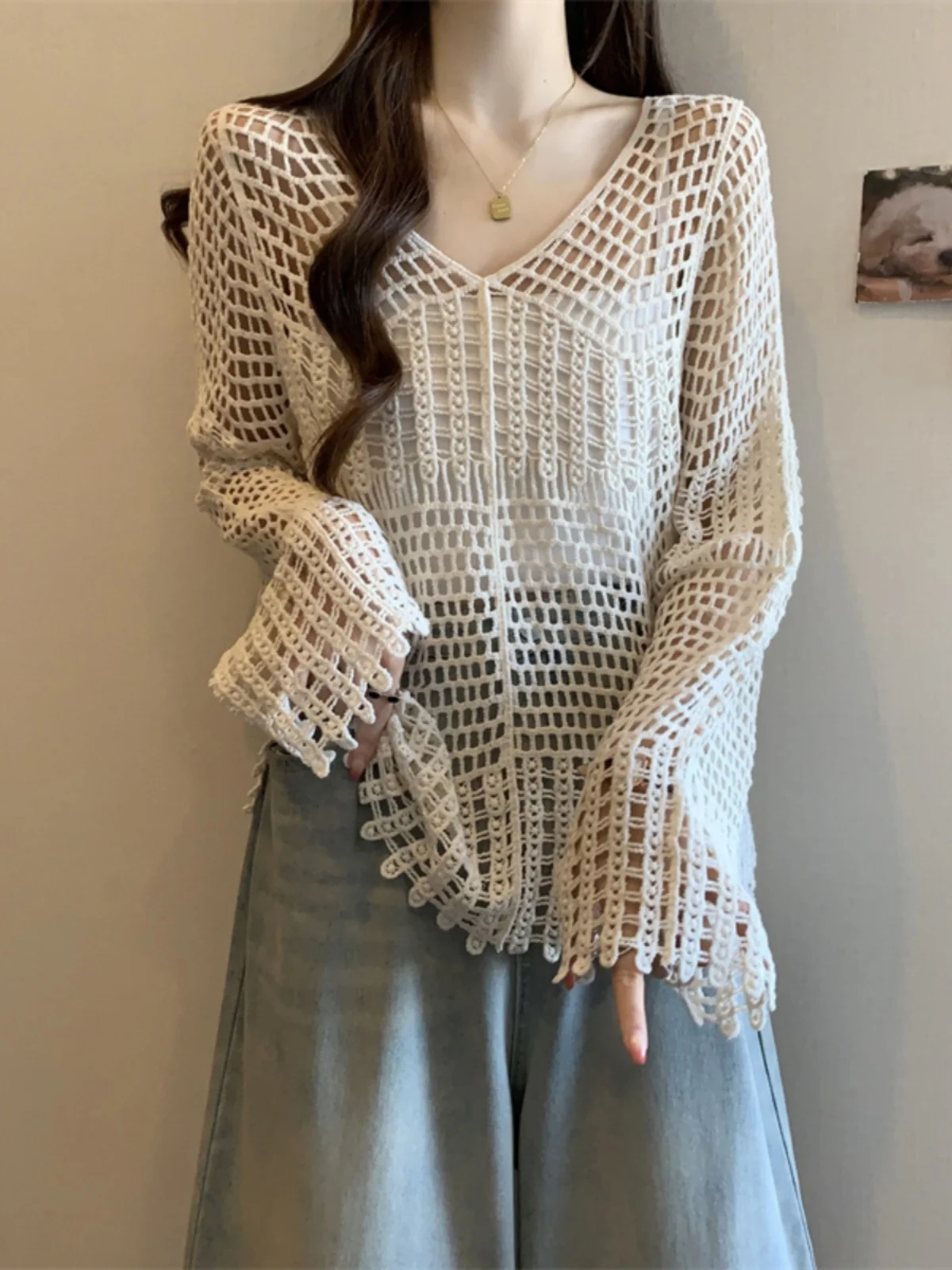 Early Autumn Hollow out Long Sleeve Knitted Sweater Women's plus Size Transparent V-neck Korean Style Loose Fit Comfortable Soft
