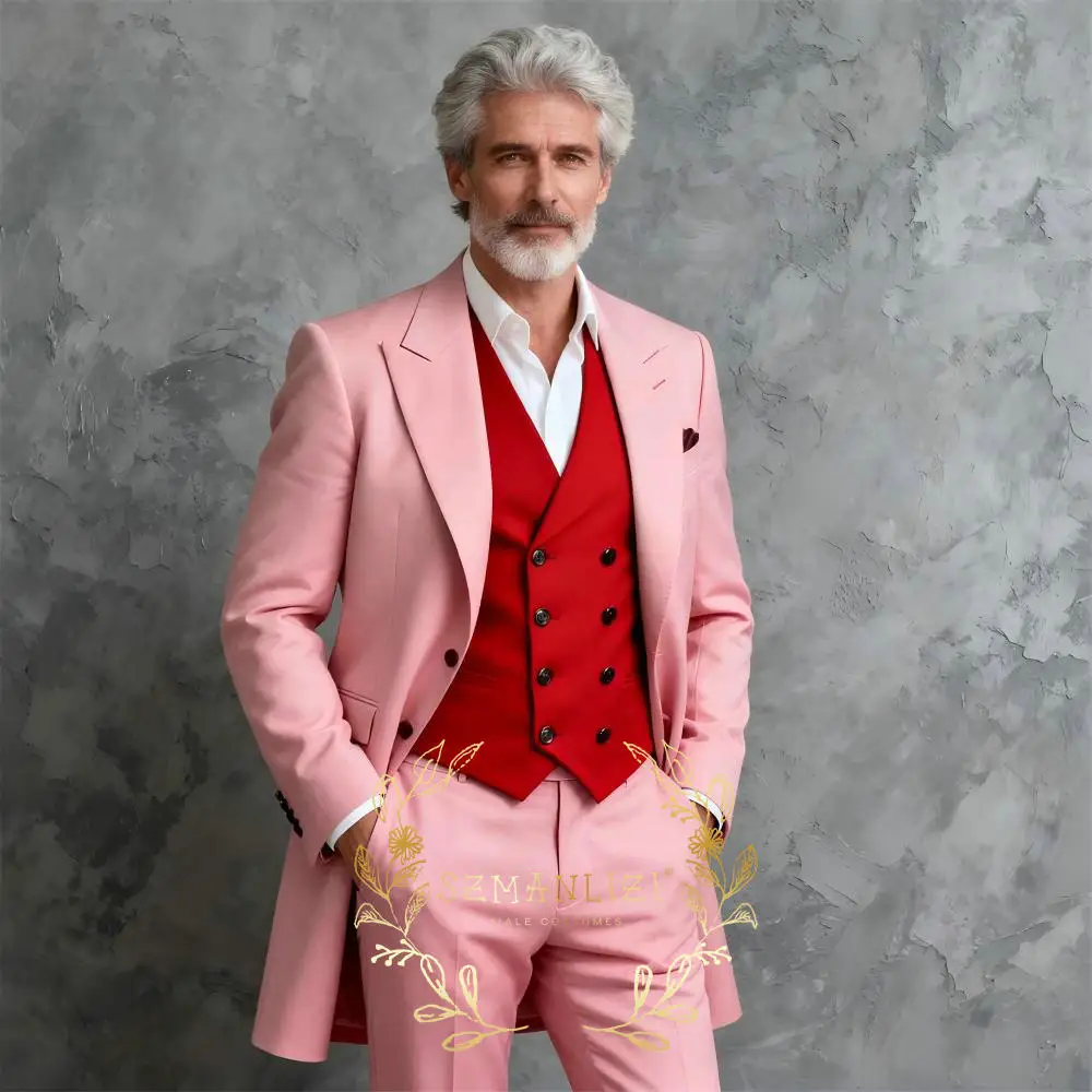 

Pink Suits Men 3 Pieces Sets Single Breasted Groom Long Blazer Pant Red Vest Costume Homme Wedding Tuxedos Male Clothing