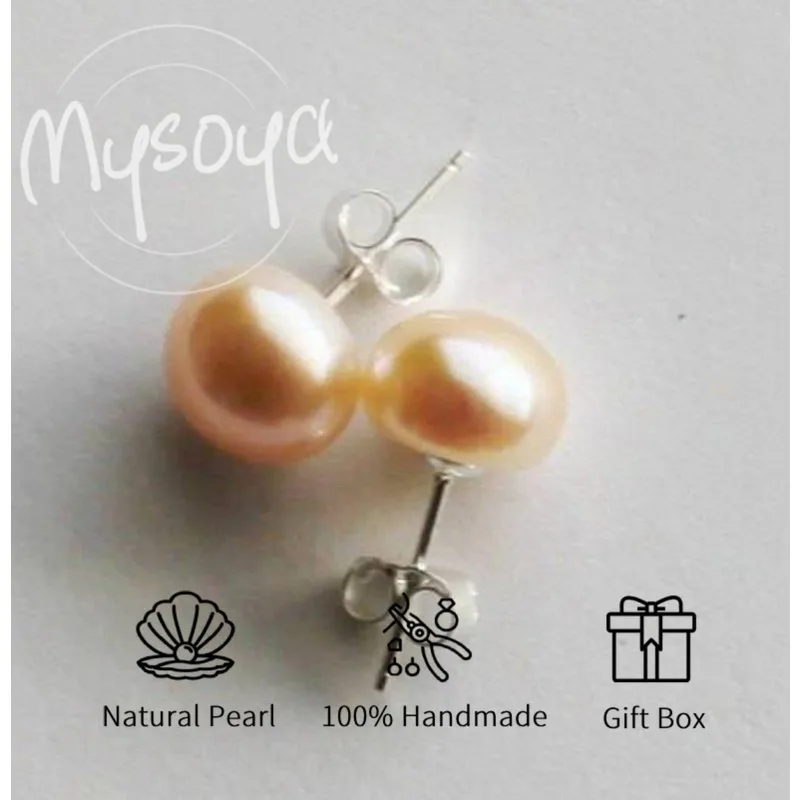 

MYSOYA Natural Pink Freshwater Pearl Stud Earrings Simple Style Jewelry With Gift Box Perfect Birthday Wedding Gift