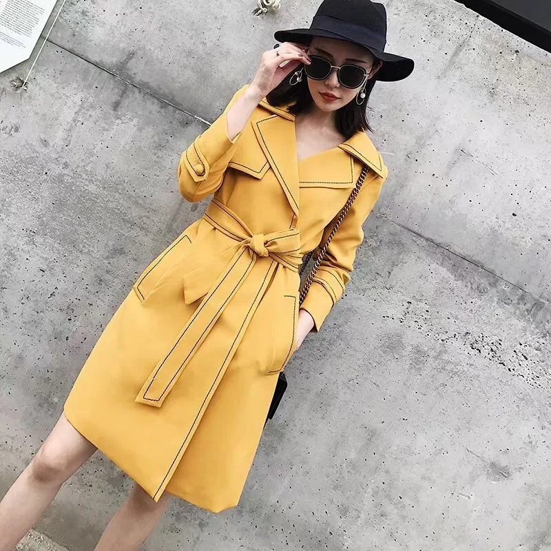 

Женский осенний новый костюм, воротник на пуговицах, верхняя строчка, дизайн, темперамент, высококачественная ветровка средней длины с поясом на талии