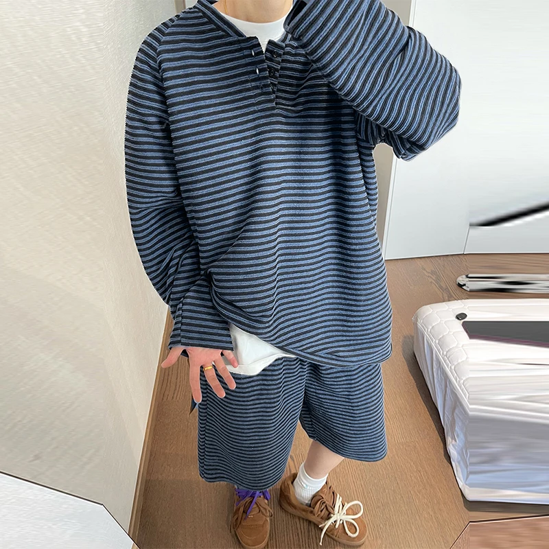 

INCERUN Men Striped Sets Vintage Long Sleeve T Shirts & Shorts Two Pieces Sets Streetwear Loose Korean Style Fashion Men Suits