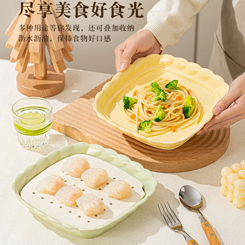 

Household Ceramic Plates 8 Inch High Aesthetic Cream Wind Square Dining Tableware Creative Deepen Double Layer Drainage Dish