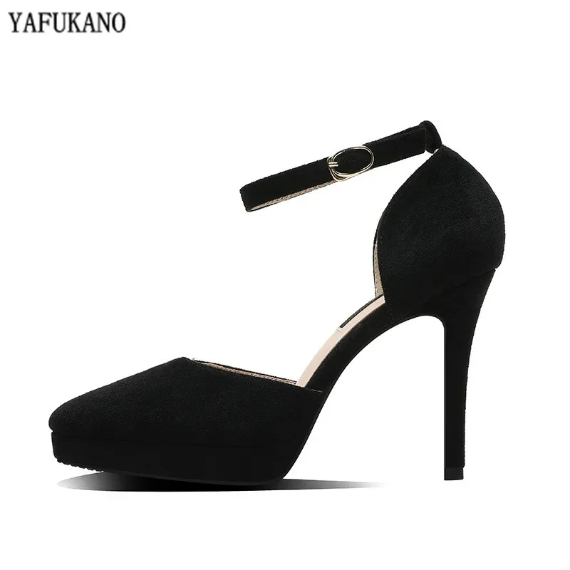 Sexy Platform High Heels Thin Heels Pointed Toe Women Single Shoes Word Buckle Pumps Mid Hollow Solid Flock Work Shoe Size 32 33