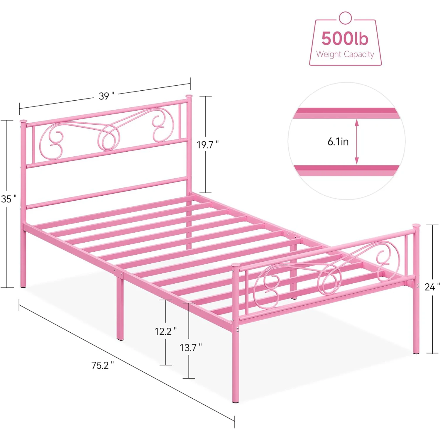 Twin Size Bed Frames with Headboard and Footboard Twin Metal Bed Frame for Kids 12.2-inch Under Bed Storage Steel Slats Support