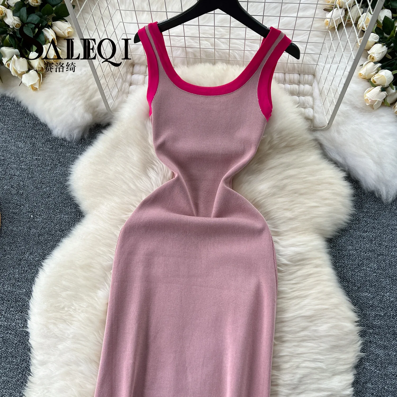 Commuter Simple Peplum Halter Dress Women's Summer Stretchy Tight Clashing Color Sleeveless Vest Dress Spice Girls Knit Dresses