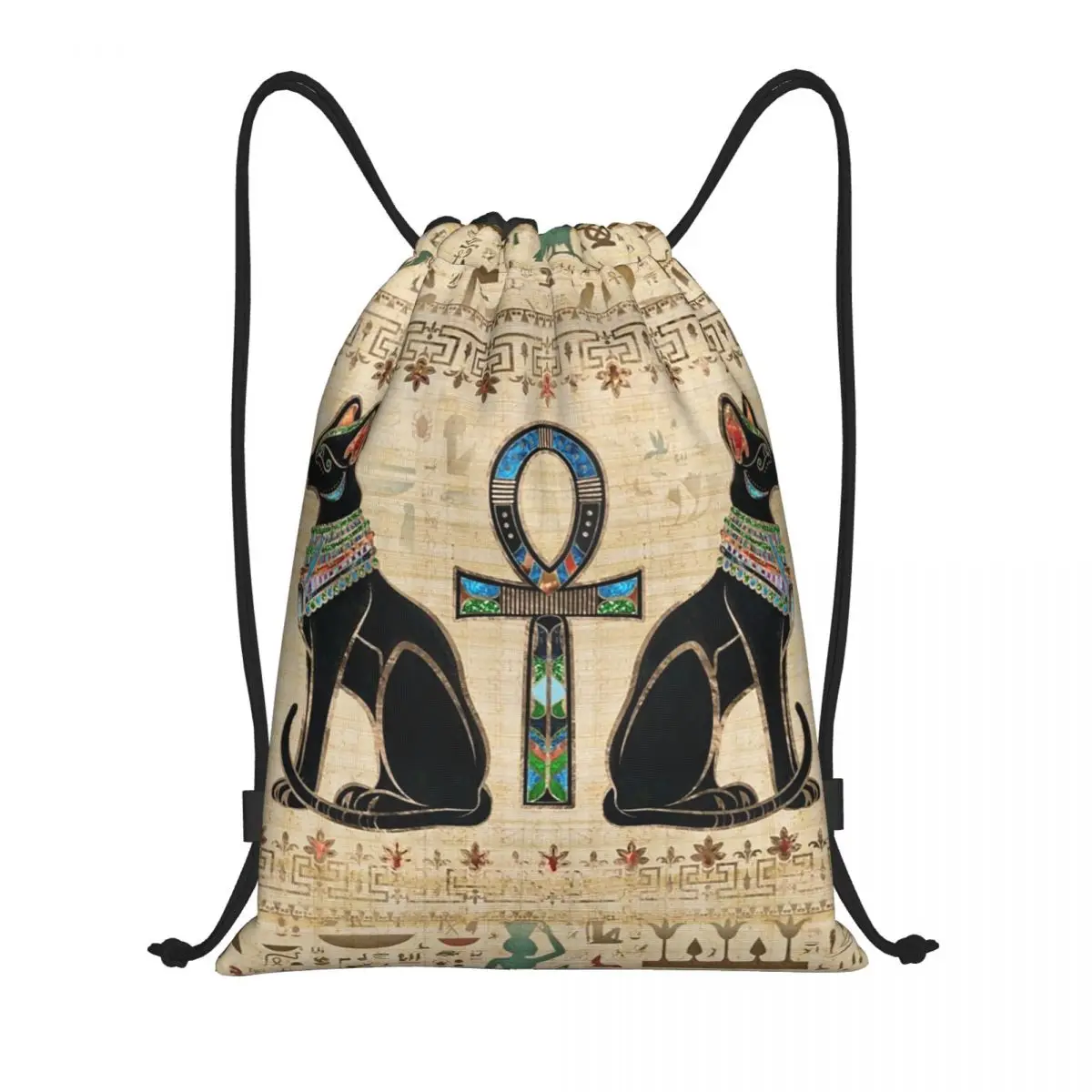 

Custom Egyptian Cats And Ankh Cross Drawstring Bag Men Women Lightweight Ancient Egypt Hieroglyphs Sports Gym Storage Backpack