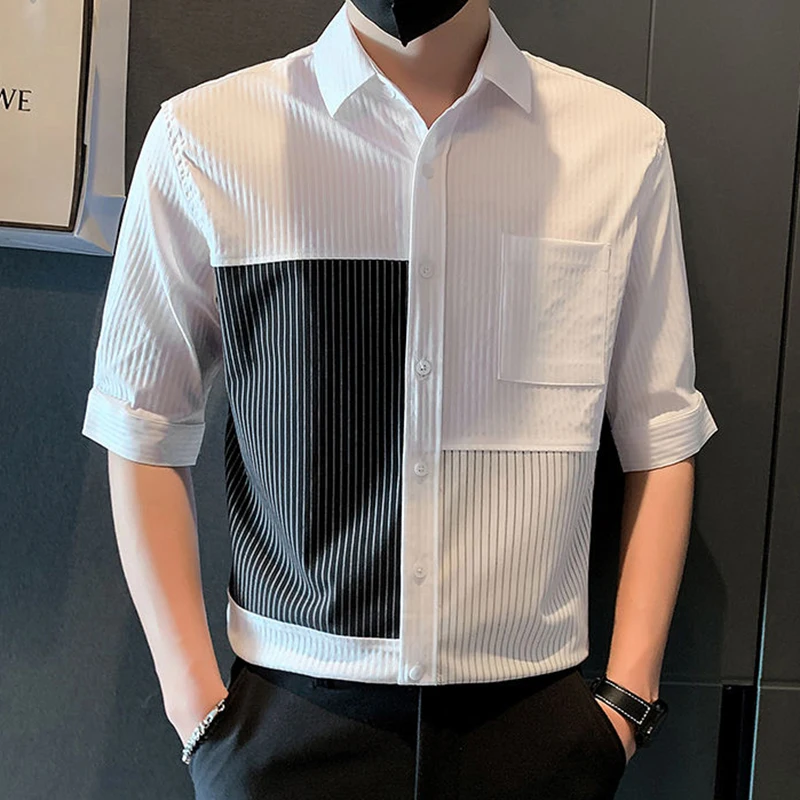 Fashion Loose Spliced Pockets Business Striped Shirts Men\'s Clothing 2024 Summer New Casual Tops All-match Asymmetrical Shirt