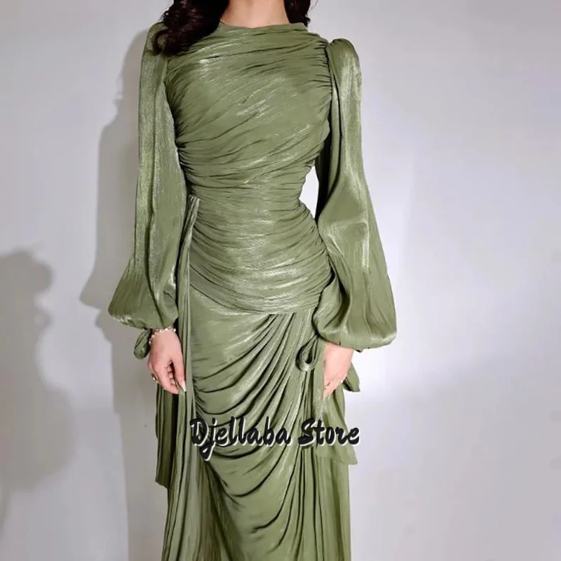 

Скромное вечернее платье из крепа со складками и пышными рукавами длиной до пола, платья для выпускного вечера с рюшами, иллюзия, арабские вечерние платья по индивидуальному заказу