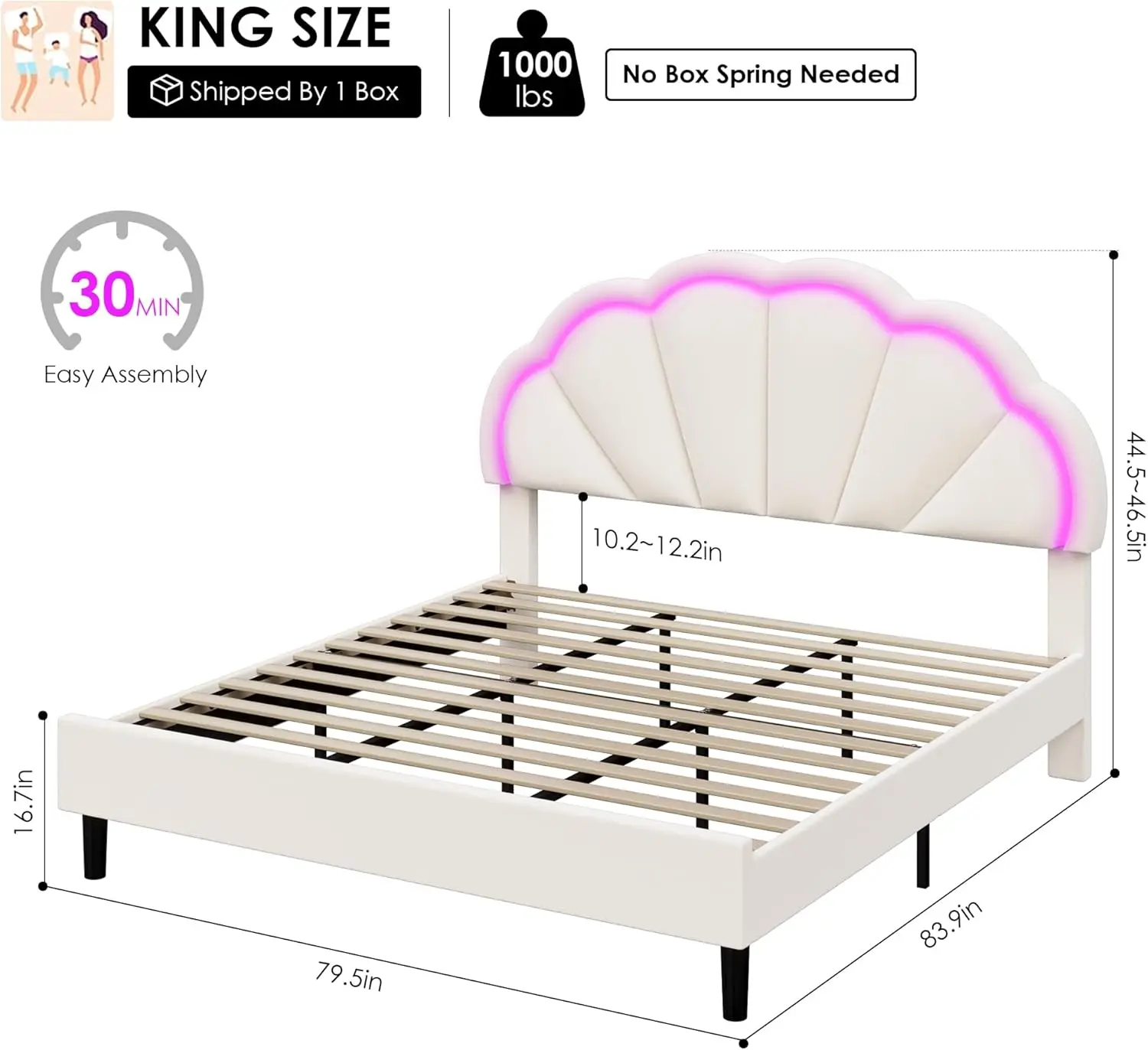 King Upholstered Smart LED Bed Frame with Adjustable Chic Petal Headboard, Soft Velvet Princess King