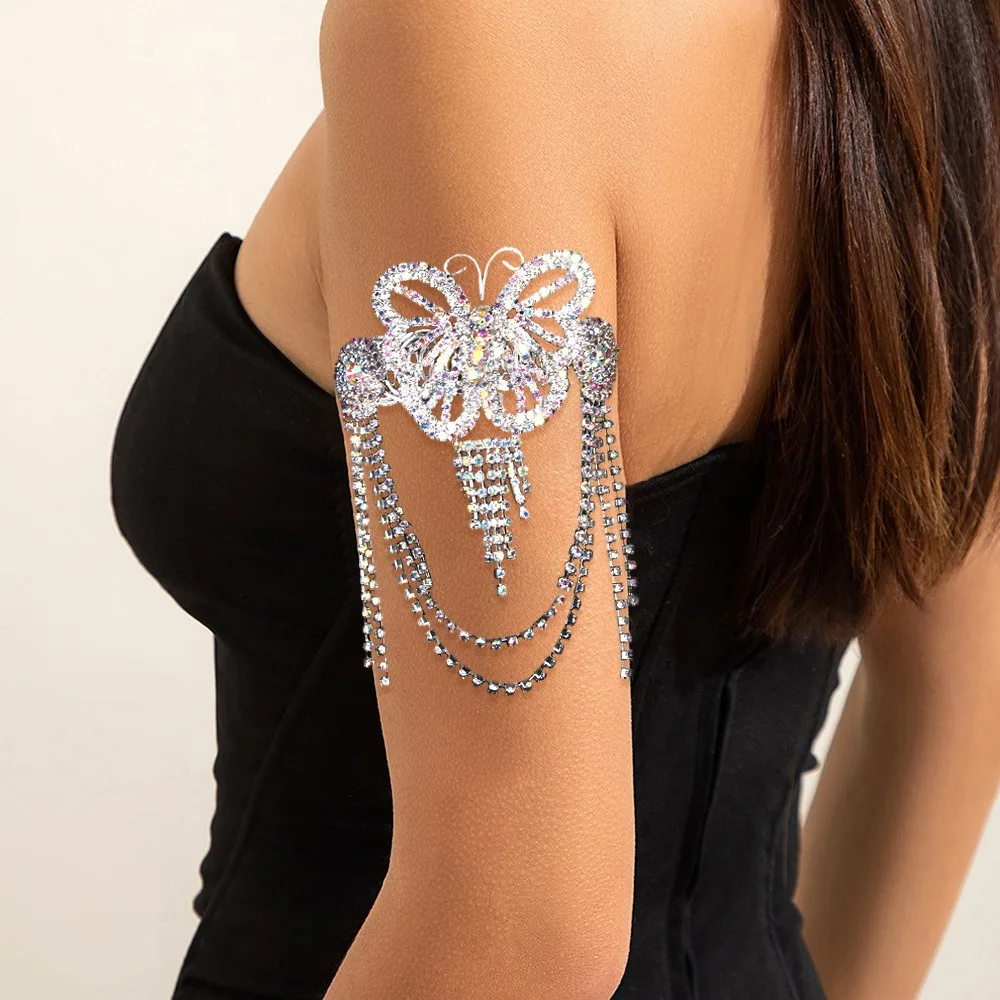 Adjustable Crystal Tassel Arm Chain Alloy Bracelet Butterfly Rhinestone Anklet Bling Armlet Oval Upper Arm Bangle