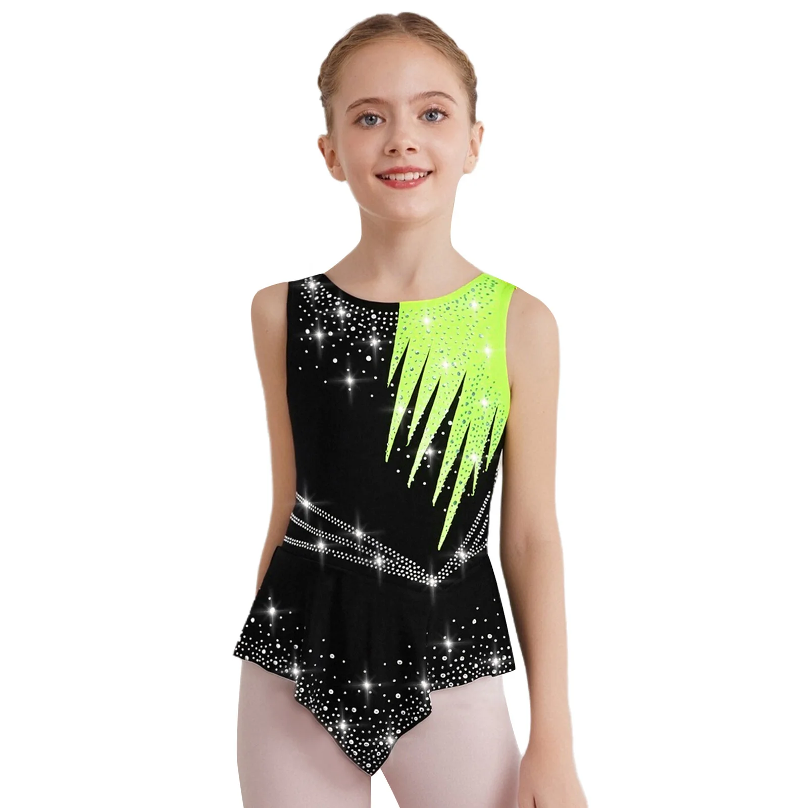 Justaucorps de gymnastique rythmique sans manches pour filles, strass brillants, body de Ballet, valse, Costume de spectacle de compétition latine