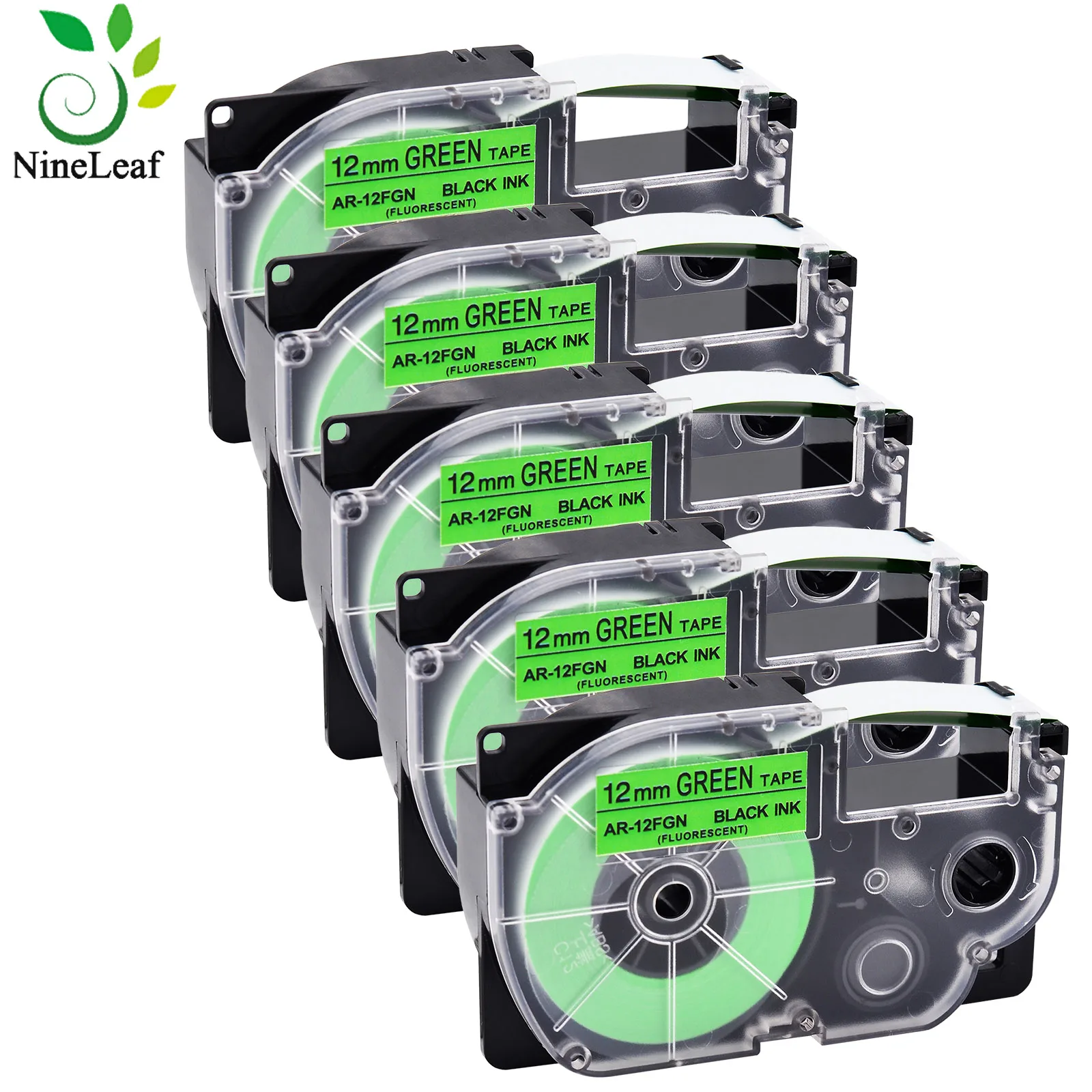 5PK Black on Fluro Green 12mm Compatible For Casio AR-12FGN Fluorescent Tapes For KL-60 KL-120 KL-HD1 KL-P350W Label Printer