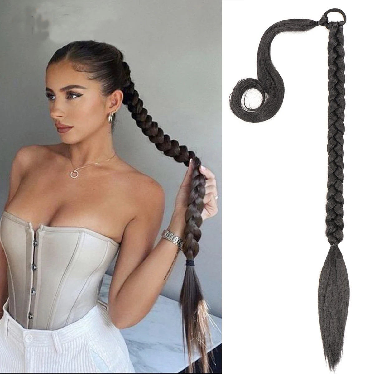 

Синтетический боксерский плетеный хвост, длинный черный искусственный накладной хвост, конский хвост с резинкой для волос, галстук для женщин