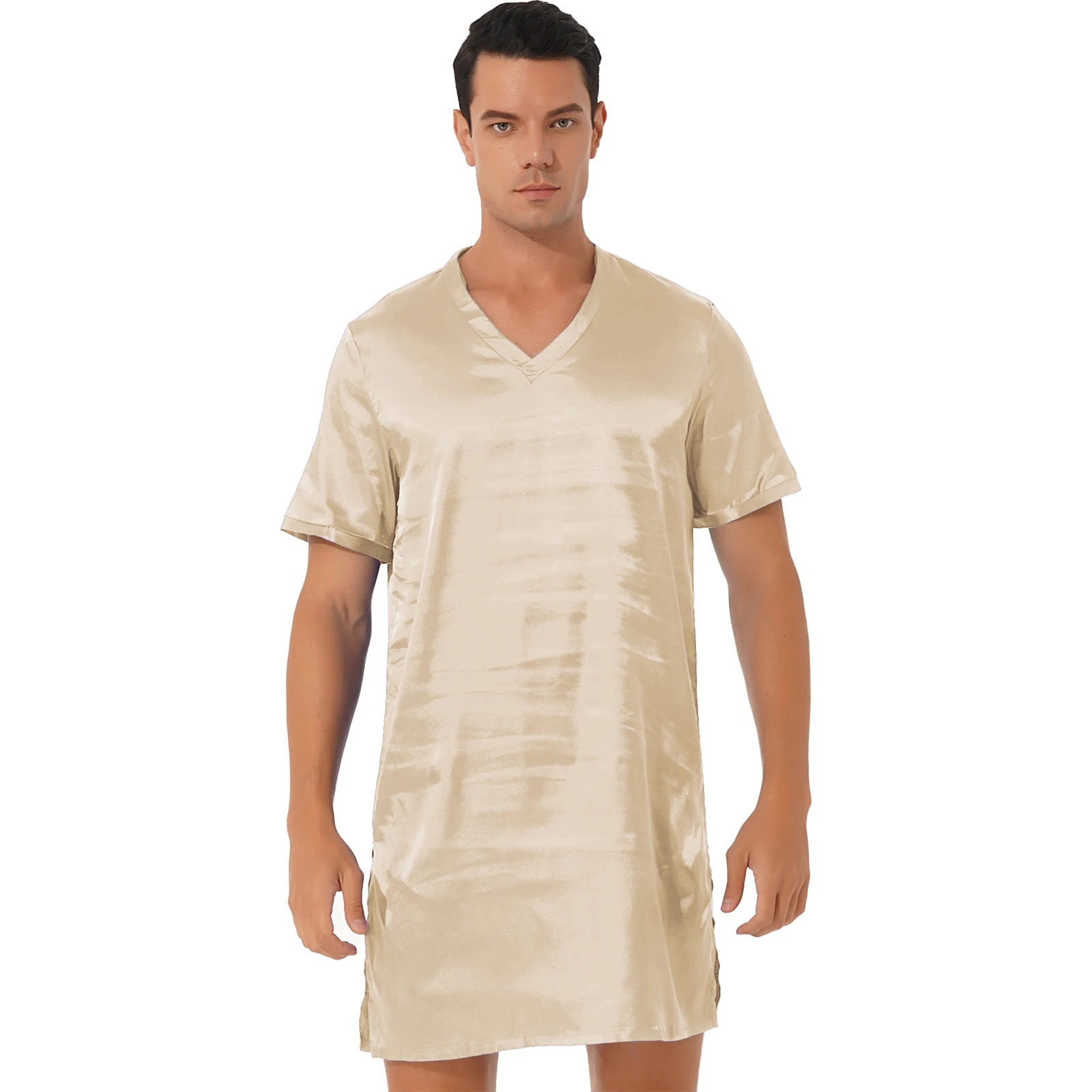 Adult Men Women Casual Night Dress Home Nightwear Sleepwear Pajamas Clothing Unisex Satin Nightgown V Neck Sleep Dresses