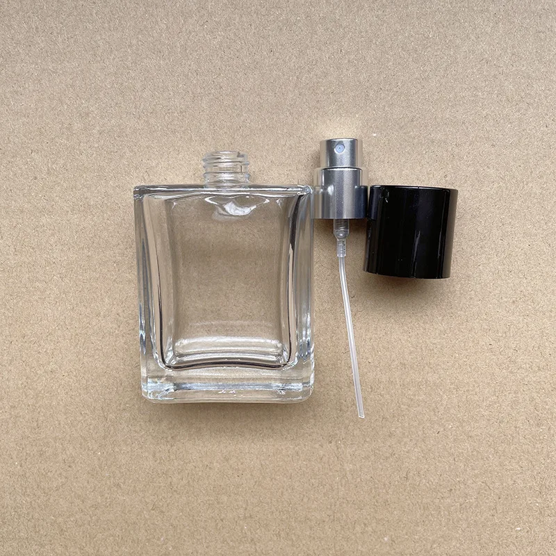 Perfume Bottle Empty Flat Square Clear 30ML 50ML 100ML 5pcs Cosmetic Packaging Black Cover Silver Mist Spray Glass Atomizer