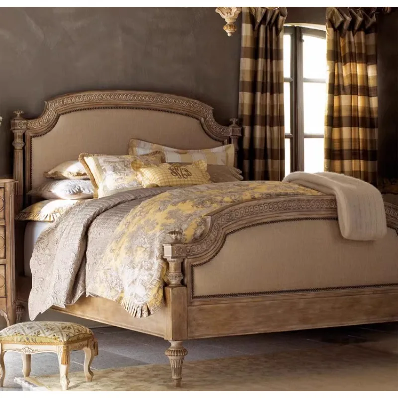 

American country solid wood bed French retro old oak carved soft bed 1.51.8 meters double bed can be customized