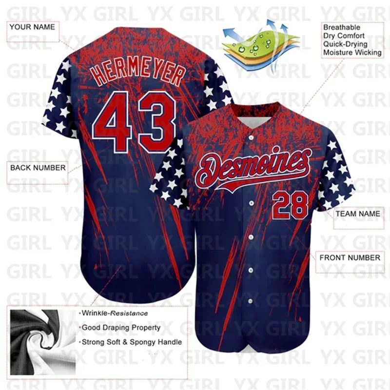 Custom Navy Red-Royal 3D American Flag Authentic Baseball Jersey 3D Printed Men Women Shirt Casual Shirts Tops