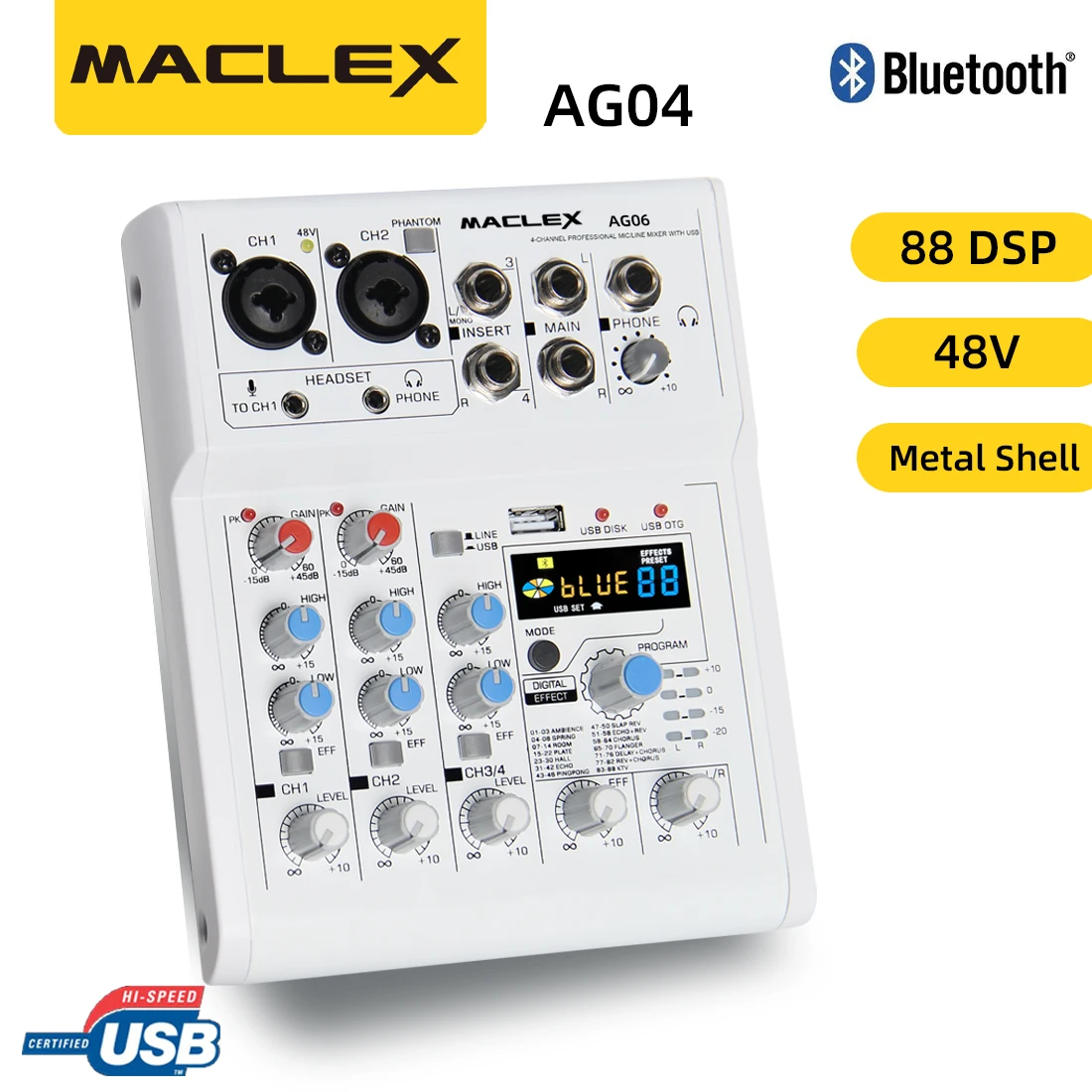 Maclex Ag04 Interface Mixer with Bluetooth USB Recording Computer 48V Phantom Power Delay Replay Effects, 4-Channel Audio Mixer