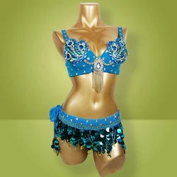 New Samba Belly Dance Costume Hand Beaded Sequins Turquoise & Red Color Top Bra and Hip Scarf Belt 2PCS/SET Outfit Dancer Wear