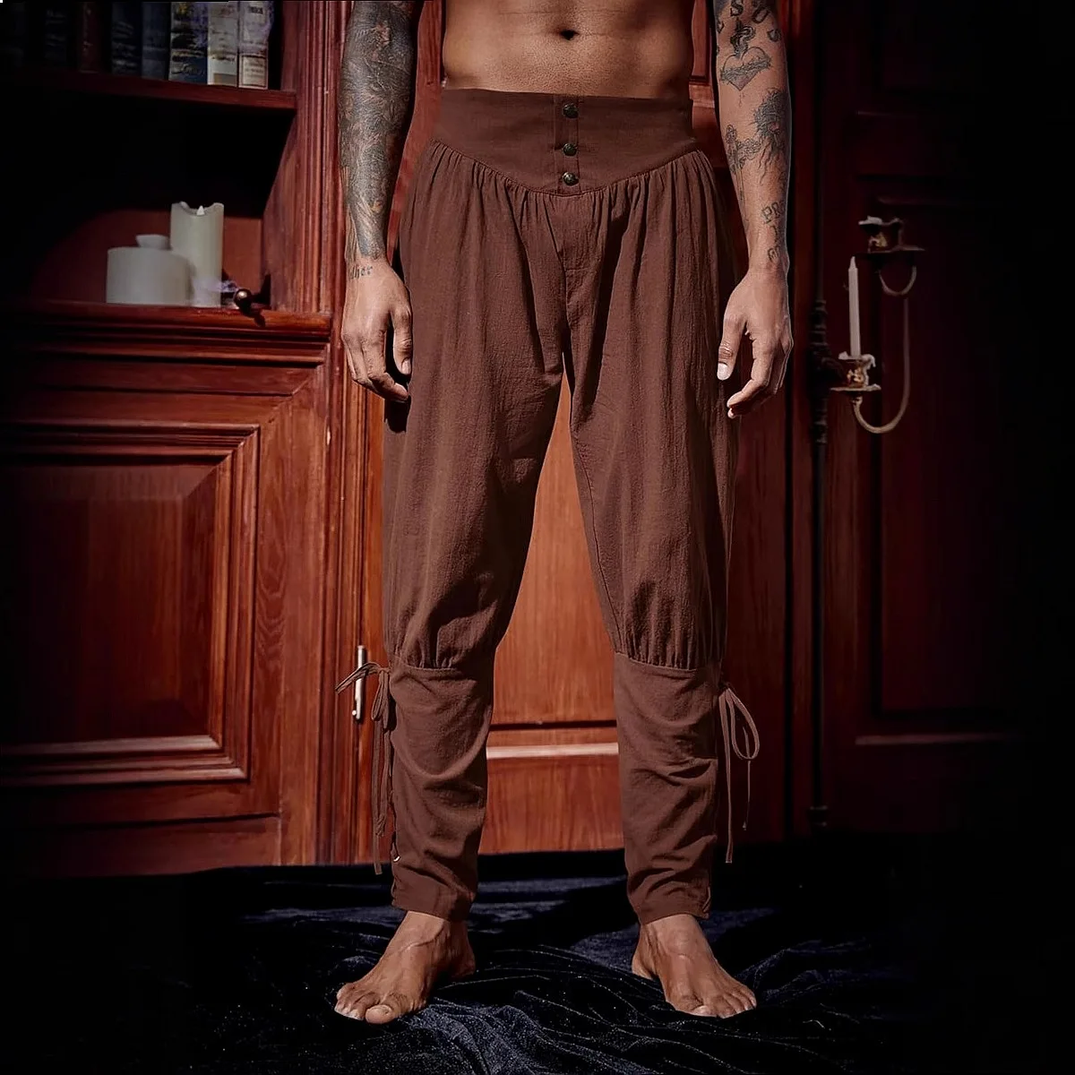 Men's Casual Pants Summer Long Pants Ankle Strap Pants Medieval Pirate Trousers 2
