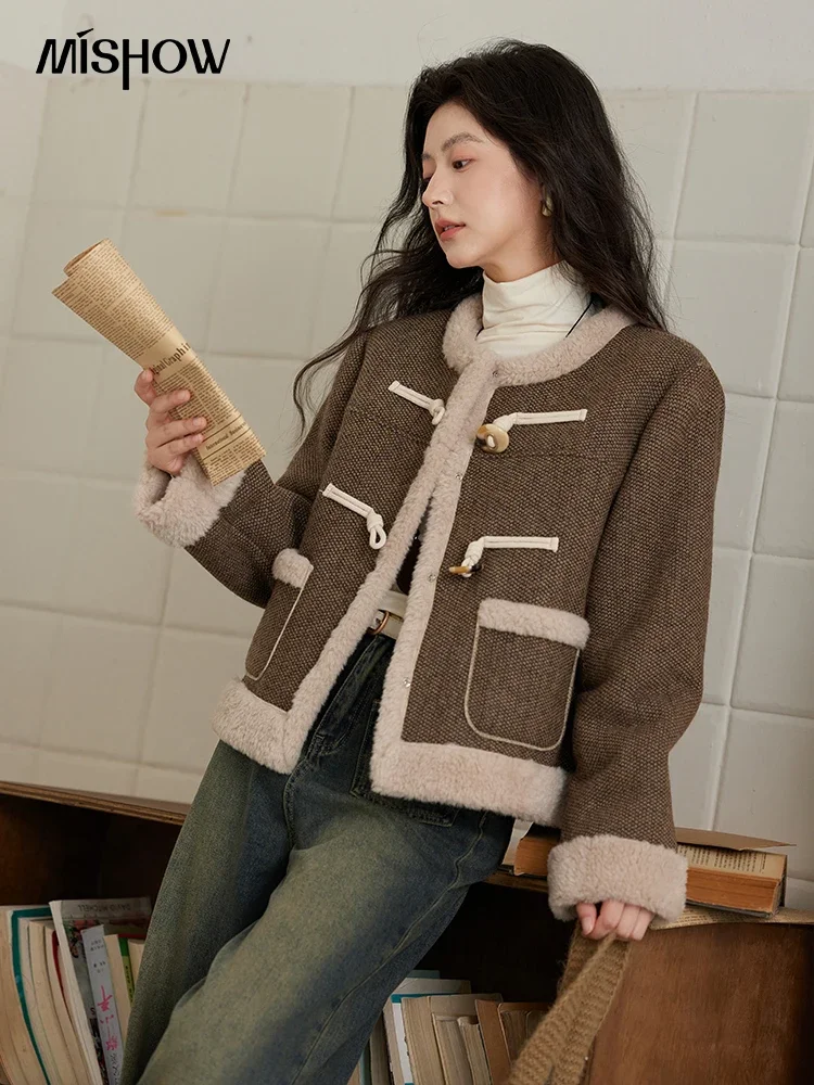 

MISHOW Thickened Wool Plaid Jacket Women 2024 Autumn Winter New Vintage Korean Color Blocking Warm New Chinese Tops MXD34W0527