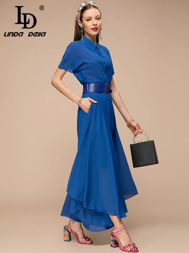 LD LINDA DELLA New 2023 Summer Fashion Women Blue Elegant Asymmetrical Long Dress Turn-down Collar Sashes Slim Pleated Dresses