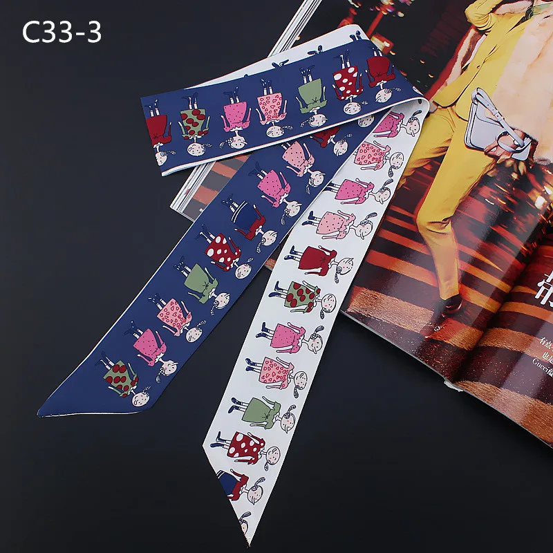 Foulard en soie imprimé de personnages de dessins animés pour femmes, écharpe de tête à la mode, sac à poignée de marque, rubans, petits foulards longs C33