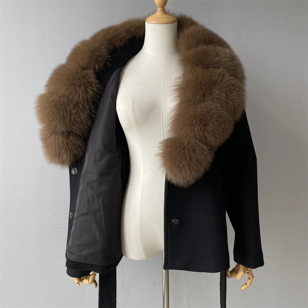 Jxwatcher Naturalny Kołnierz z Futra Wełniany Płaszcz Damski Zimowy Płaszcze Damskie Pasek Wyszczuplająca Wełniana Kurtka Moda 2025 Jesień Nowość Odzież Wierzchnia