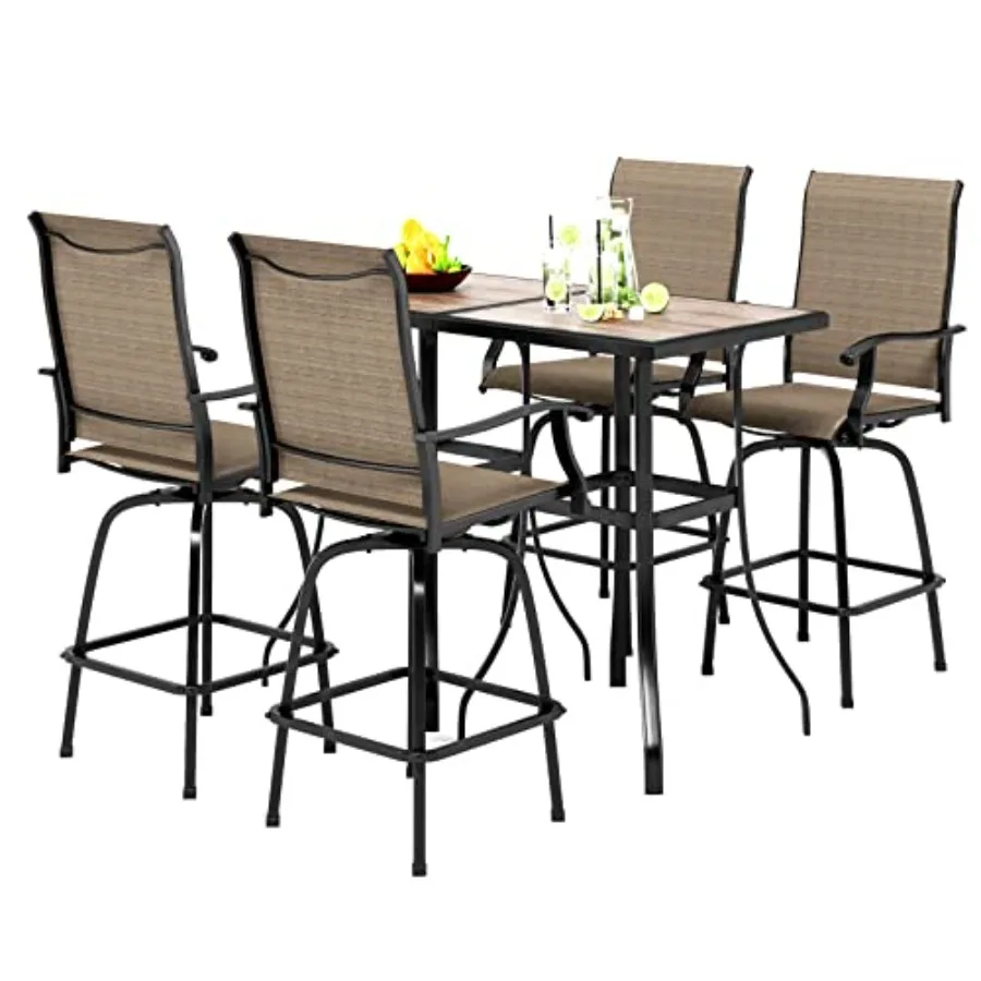 

Outdoor Patio Bar Set of 6 with Textilene Swivel Stools and Wood-Like Table All-Weather Brown Garden Furniture Set