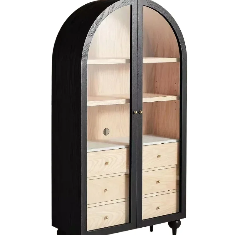 

Solid wood bookcase with door French retro glass door storage side cabinet arched study bookshelf