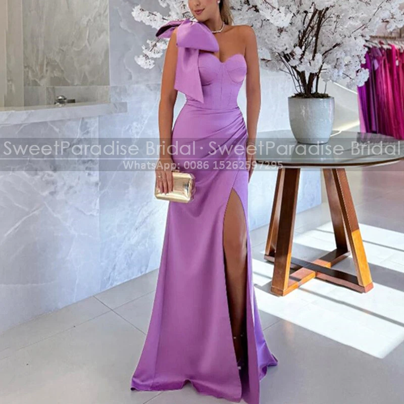 Customized Mermaid One Shoulder Bridesmaid Dresses High Slit Bow Lavender Long Satin Women Wedding Party Dress