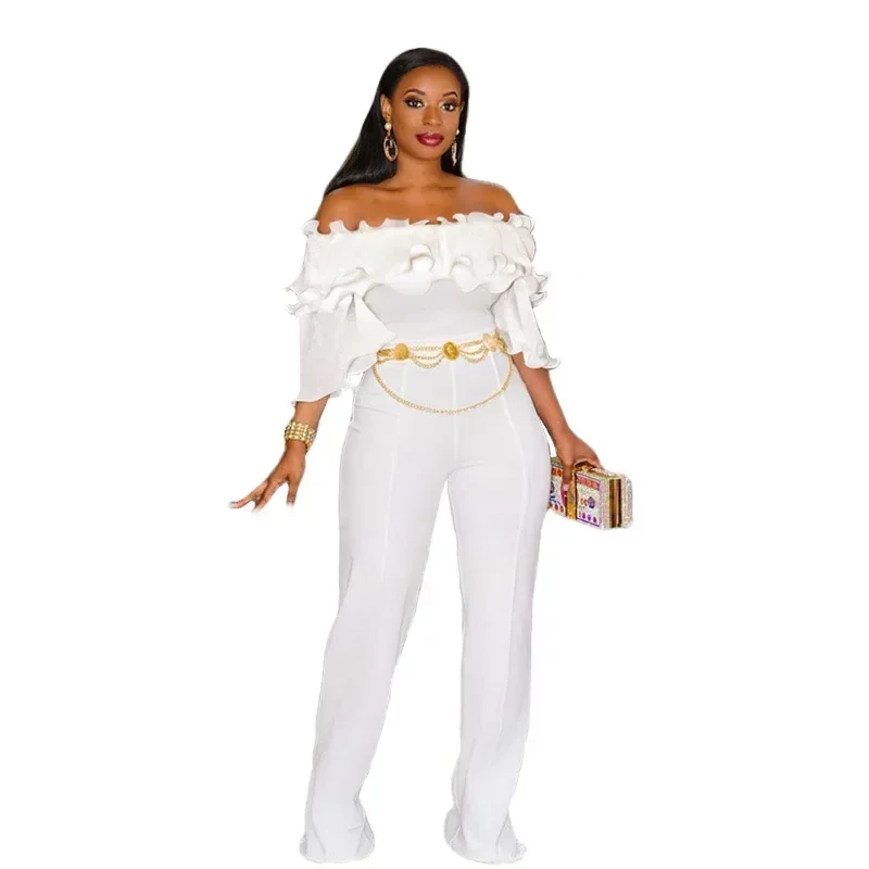 Tuta da festa per donna Slash Neck Bianco a vita alta irregolare con spalle scoperte Tuta Body Tute intere Tute intere