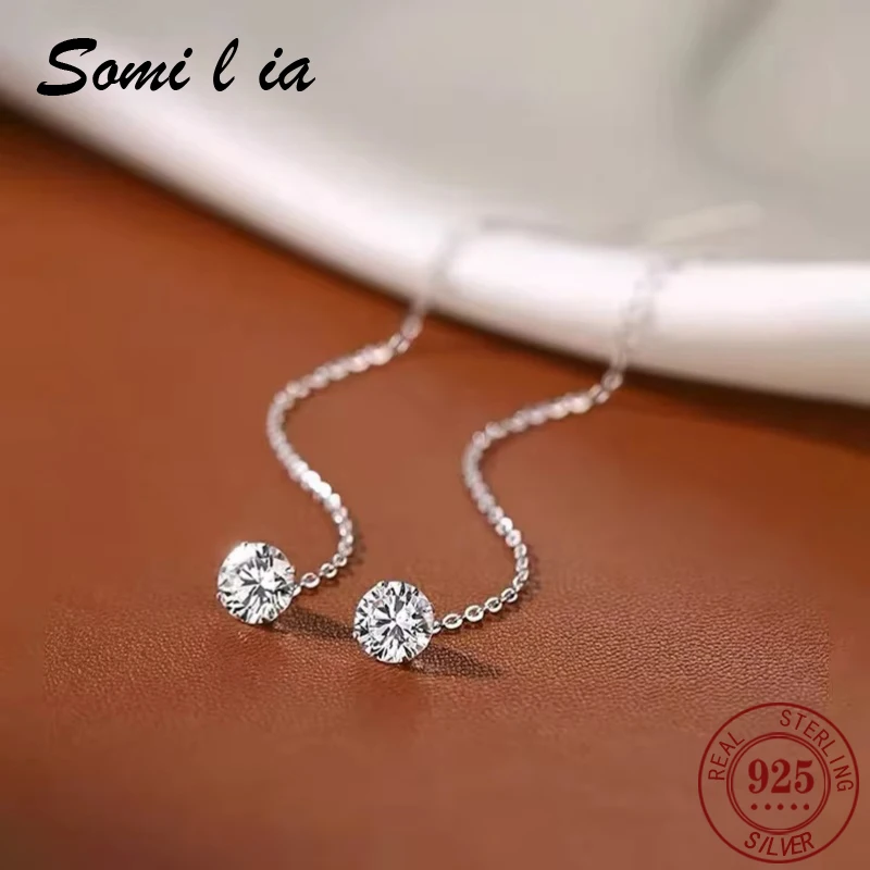 SOMILIA S925 Silver Threader Earrings Women Round 5A Zircon Long Tassel Drop Ear Line Elegant Daily Wedding Ladies Jewelry Gift