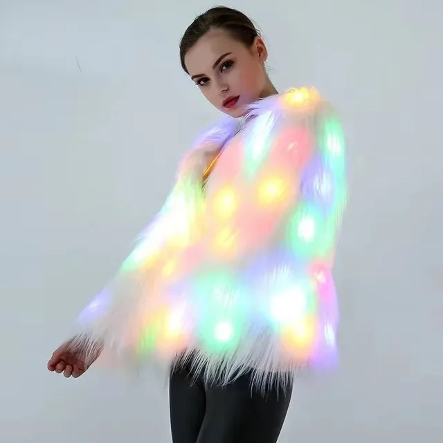 

Women Faux Fur Coat Valentine Cosplay Costumes LED Multi-Color Warm Hoodie Vest Shiny LED Jacket Light Up Party Dance Overcoat