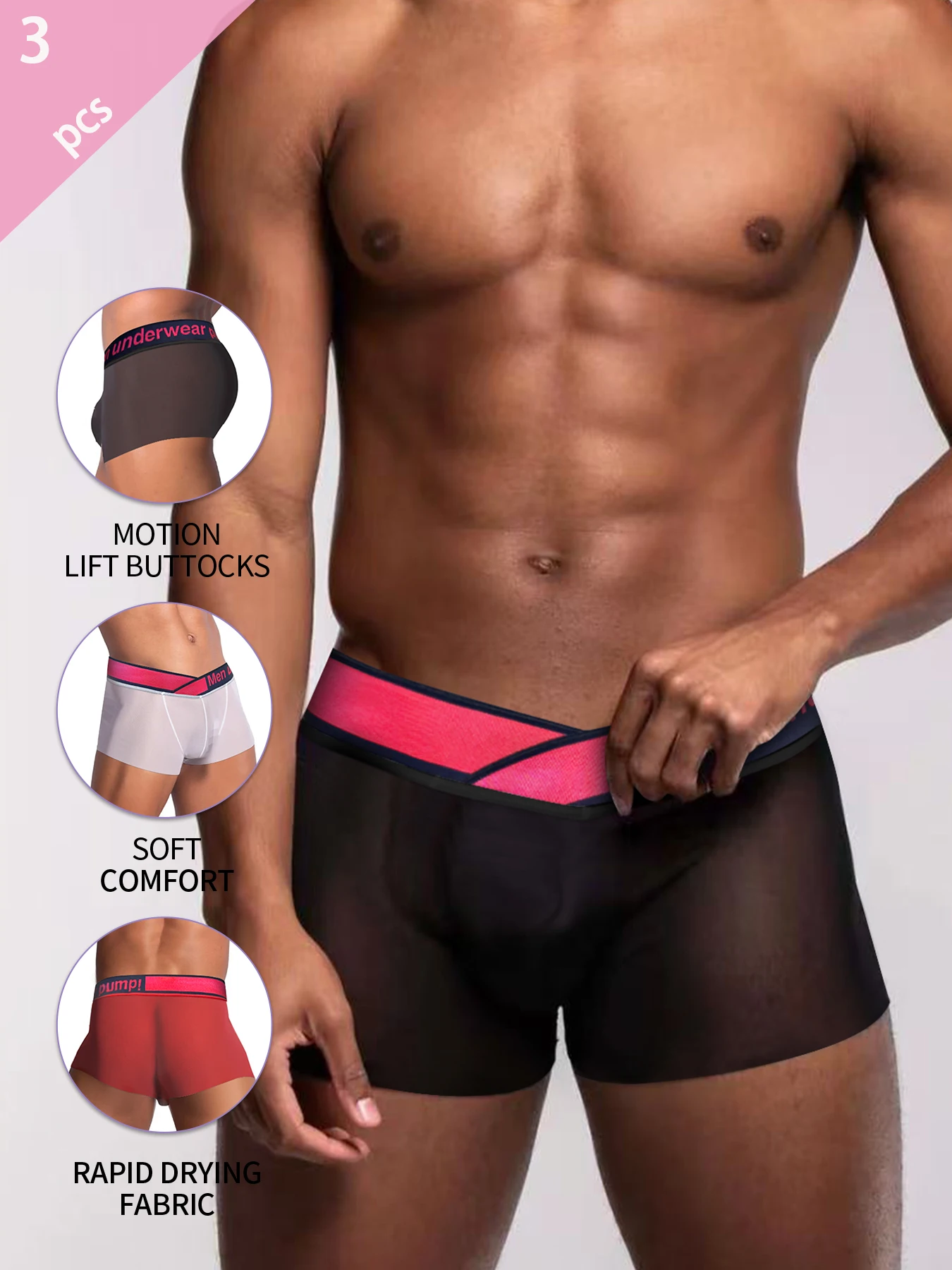 

3pcs V Low Waist Men's Boxer Transparent Ultra-thin Ice silk Men Underwear Sports Breathable Sexy U convex Man Boxers