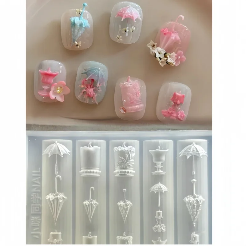 قالب أظافر من السيليكون الشفاف، قناع فستان رقص بمظلة من الدانتيل، مجوهرات أظافر ثلاثية الأبعاد، قالب أظافر فني ومبتكر