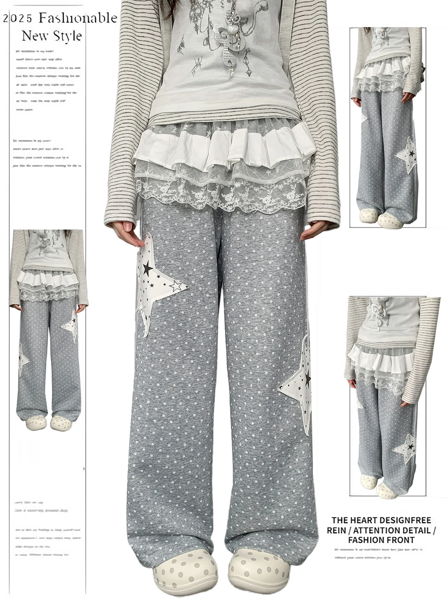 

Брюки свободного кроя с прямыми штанинами для женщин, весна-осень, новинка, легкие, в стиле субкультуры, с нашивками в виде звезд и в горошек, повседневные, с эффектом похудения